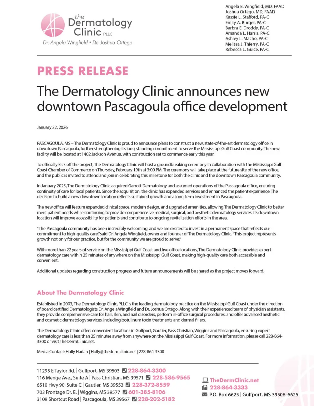 The Dermatology Clinic Announces New Downtown Pascagoula Office Development